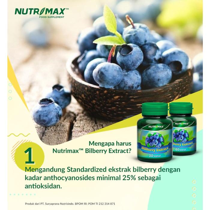 Nutrimax Bilberry Extract Anti Oksidan Iritasi Gatal Glaukoma Katarak Rabun Senja Mata Matah Lelah Mengatasi Gangguan Pencernaan Wasir - 30 Kapsul