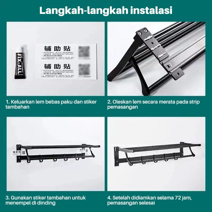 OneTwoFit Rak Gantungan Handuk 50CM Rak handuk lipat Pemasangan Tanpa