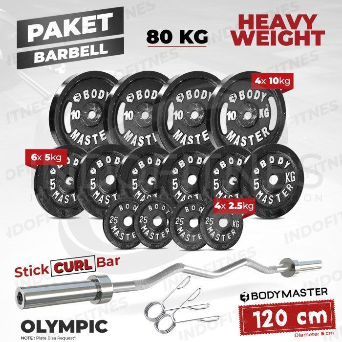 BODYMASTER Paket Gym Stick Curl Bar 5cm + Beban besi Dumbell Barbel - LIGHT 35KG, KURIR TOKOPEDIA