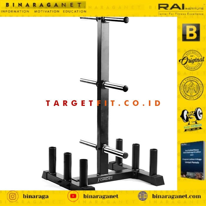 BINARAGANET FORCE USA OLYMPIC BAR & BUMPER WEIGHT PLATE TREE RACK