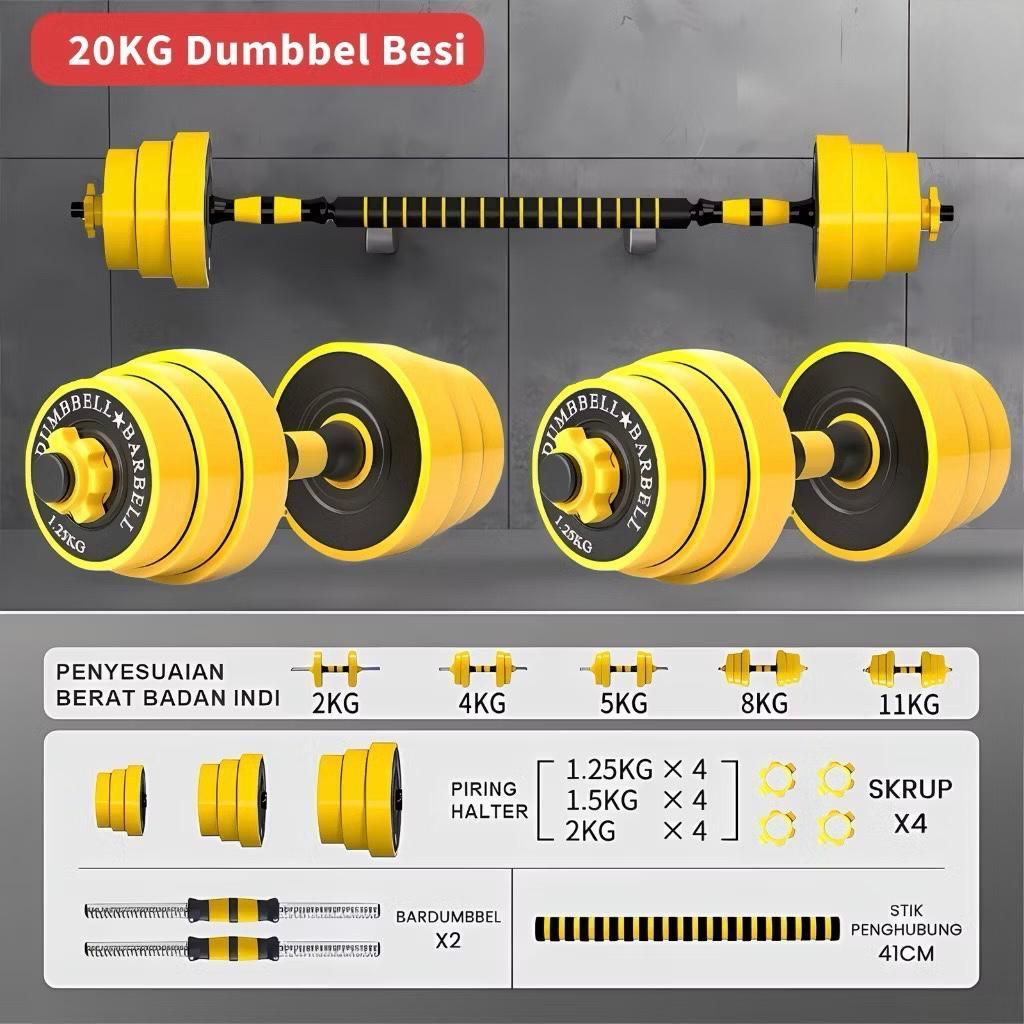 KHUSUS GOJEK Dumbell Barbel Set 10kg 15kg 20kg 30 kg Dumbbell Barbell Dumbel Barbel Set Besi Rubber 2 in 1 Alat Gym Fitness Olahraga Tiang Angkat Beban