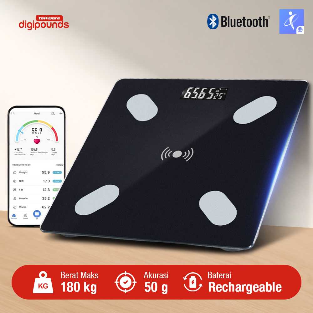 Taffware Digipounds Timbangan Badan Digital Scale BMI Smart App 180kg - ANT0217