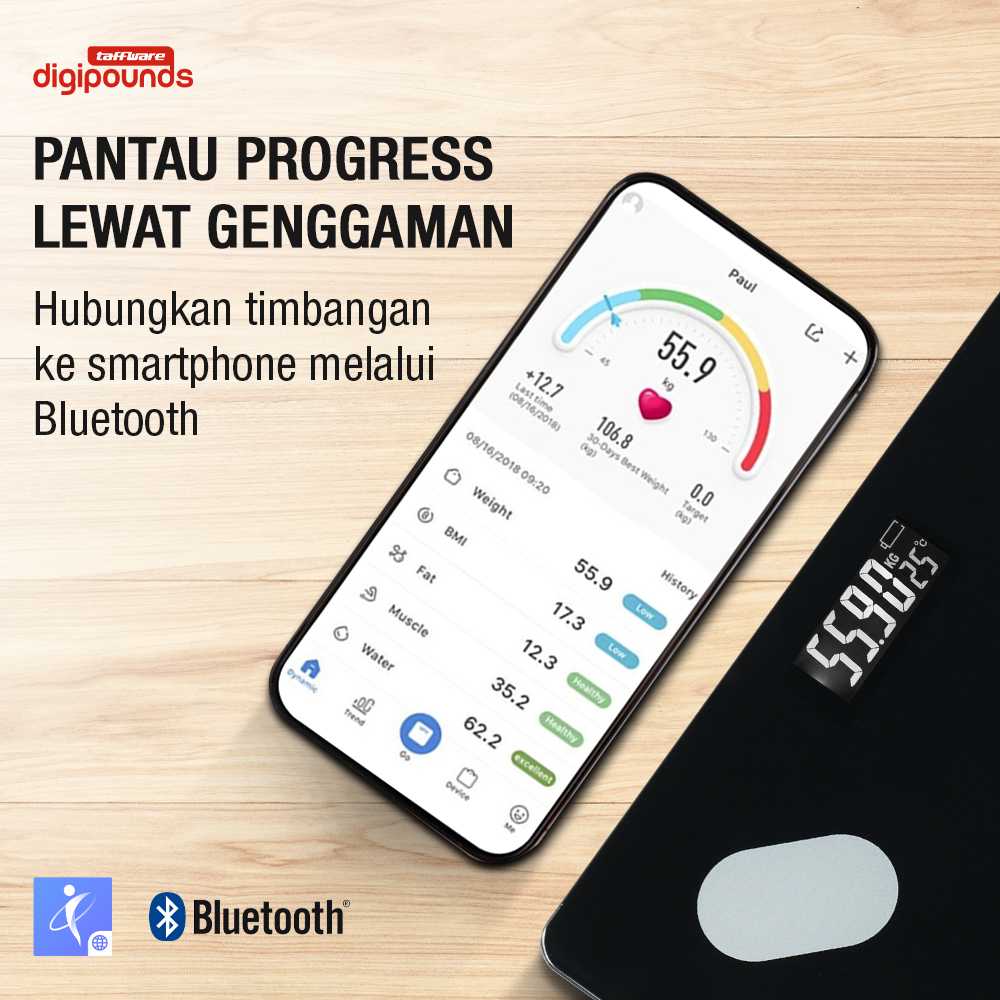 Taffware Digipounds Timbangan Badan Digital Scale BMI Smart App 180kg - ANT0217